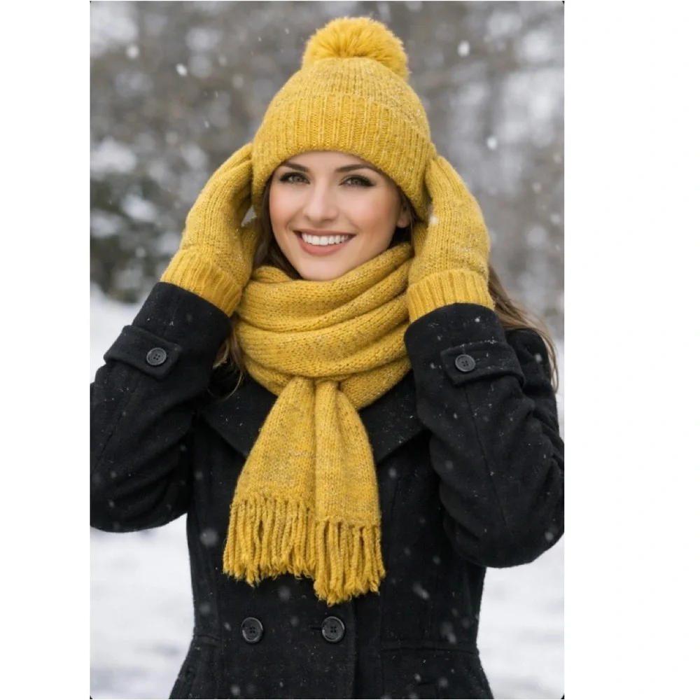 ☃️ Yellow Silver Accents Knit Hat Scarf Gloves 3pc Winter Cold Weather Set NWT